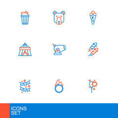 Set line Balloons with ribbon, Circus fire hoop, Carnival garland flags, Firework rocket, tent, Cannon, Ice cream in waffle and Bear head icon. Vector