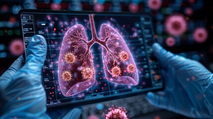 Covid-19, Doctor holding and diagnosing virtual human lungs with Coronavirus inside on modern interface screen on hospital background, Innovation and Medical Technology. - obrazy, fototapety, plakaty