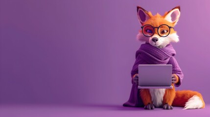 Cute Fox Studying with Laptop on Purple Background