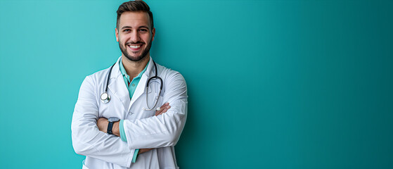 Naklejka premium Smiling male doctor in white coat on turquoise background.