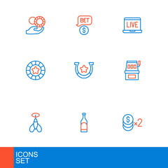 Set line Casino chip with dollar, Bottle of wine, Dart arrow, Slot machine, chips, Horseshoe, Online poker table game and icon. Vector