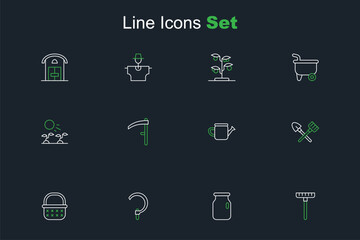 Set line Garden rake, Glass jar with screw-cap, Sickle, Wicker basket, Shovel and, Watering can, Scythe and Plant sprouts grow sun icon. Vector
