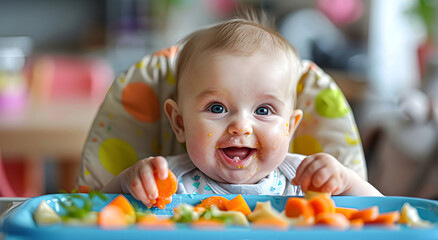 The baby is trying a new taste of solid food. - obrazy, fototapety, plakaty