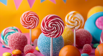 Fototapeta na wymiar A vibrant lollipop and candies on a colorful background