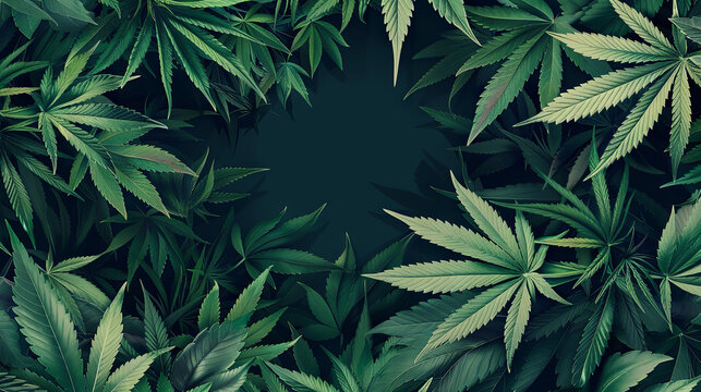 Frame of cannabis leaves on isolated black background