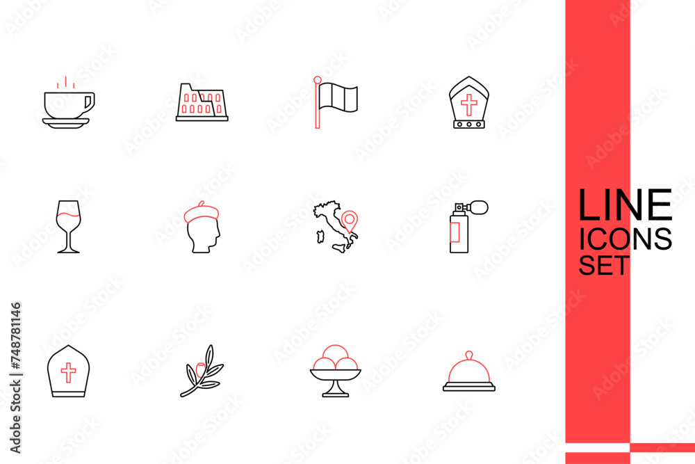 Sticker Set line Covered with tray of food, Ice cream in the bowl, Olives branch, Pope hat, Perfume, Map Italy, French man and Wine glass icon. Vector