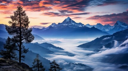 The First Light of Dawn Breaks, Revealing the Serene Majesty of Misty Mountains - obrazy, fototapety, plakaty