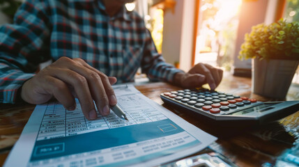 Man hand using a calculator and fill in the income tax online return form for payment. Financial research, government taxes - obrazy, fototapety, plakaty