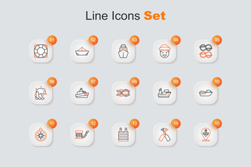 Set line Location with anchor, Crossed oars paddles boat, Striped sailor t-shirt, Marine bollard rope, Compass, Jet ski, Cargo ship and Nautical knots icon. Vector