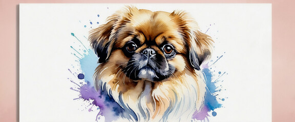 Portrait of a black muzzled pekinese. An illustration of a dog with a flat nose. Dog illustration in watercolor style.