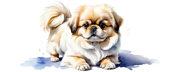 Full body portrait of a cute Pekinese puppy. Cute dog with beige fur. Isolated on white background. Animal illustration in watercolor style.