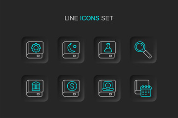 Set line Daily paper notepad, User manual, Financial book, Law, Magnifying glass, Chemistry, Holy of Koran and icon. Vector