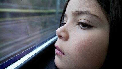 Introspective child staring at view pass by from train window during daily commute. sad 8 year old girl traveling by high-speed transportation
