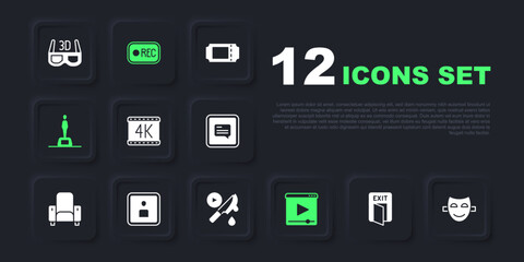 Set Fire exit, Comedy theatrical mask, 4k movie, Online play video, Movie trophy, Play Video, Record button and Thriller icon. Vector