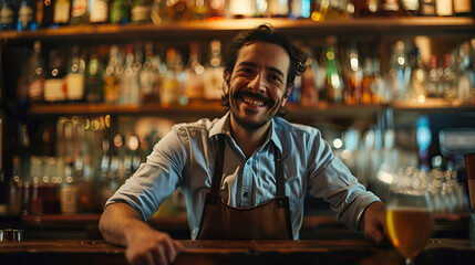 Obraz premium young smiling bartender on the background of a bar with copy space