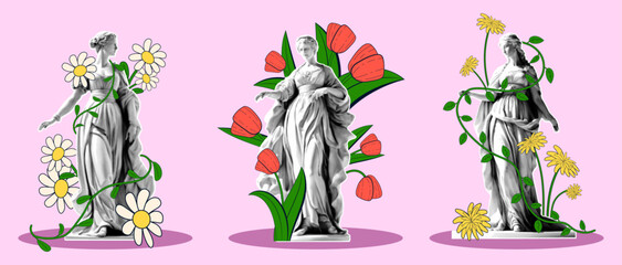 Set of female statues entwined with spring flowers in retro collage style. Vector illustration of female statues with halftone effect and hand-drawn flowers.