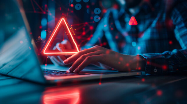 Staffs or Businessman, programmer, developer using computer laptop with triangle caution warning sign for notification error and maintenance concept.