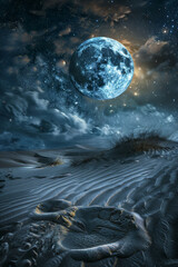 The moon and stars above a sand dune.