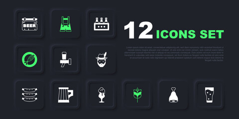 Set Chicken leg, Glass of beer, Beer tap, Wheat, Dried fish, Wooden mug, Lederhosen and icon. Vector