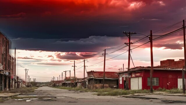 Video Animation Of  Desolate Urban Scene Under A Dramatic, Stormy Sky. The Empty Streets, Abandoned Buildings, And The Ominous Clouds Overhead Evoke A Sense Of Abandonment And Eeriness