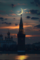 A crescent with light on it rising above a tower.