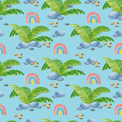 Fototapeta na wymiar Seamless watercolor pattern with sea, palm trees and rainbow.