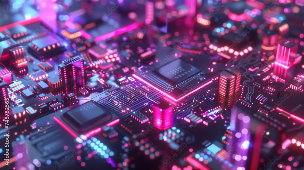 Poster 3d rendering of cyberpunk ai. circuit board. technology background. central computer processors cpu 