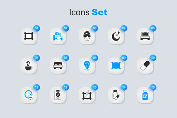 Set Sleeping pill, Big bed, Time to sleep, Alarm clock, Pillow and Sleepy icon. Vector