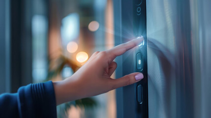 Closeup of woman finger entering password code on the smart digital touch screen keypad entry door lock in front of the room. Smart device concept. - obrazy, fototapety, plakaty