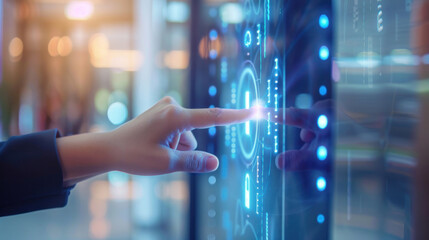 Closeup of woman finger entering password code on the smart digital touch screen keypad entry door lock in front of the room. Smart device concept.
