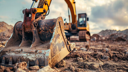 Fototapeta premium Close-up of excavator with a bucket digging the soil.