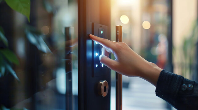 Closeup of woman finger entering password code on the smart digital touch screen keypad entry door lock in front of the room. Smart device concept.