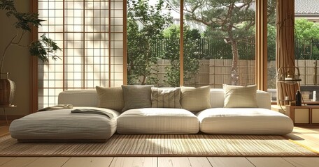 Zen and Modernity - Blending Traditional Japanese Tatami with a Minimalist White Corner Sofa