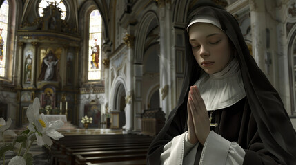 Generated with AI image of young catholic nun praying in church.