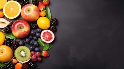 Different fruits on a stone background with space for text