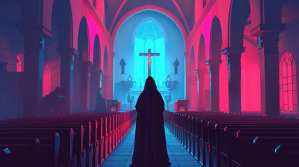 Illustration of a beautiful nun in church created with generative AI.