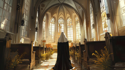 Illustration of a beautiful nun in church created with generative AI. - obrazy, fototapety, plakaty