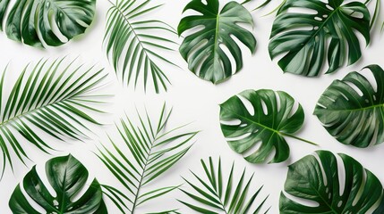 Top view of Tropical Leaves on white background. Creative nature Layout made of Palm. Flat lay green foliage. Summer banner template with copy space