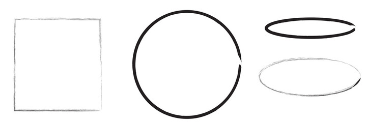 Chalk rectangle and oval frames set. Hand drawn pencil square and circle borders. Ink empty rectangle stamp. Grunge black text frame. Vector illustration isolated on white background