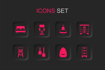 Set Lamp hanging, Office chair, Big bed, Pouf, Chest of drawers, and Chair icon. Vector