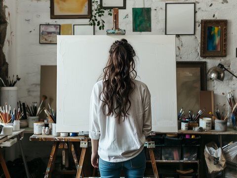 woman seen from behind looking at a blank white canvas in her art studio / painter artist at work or out of inspiration