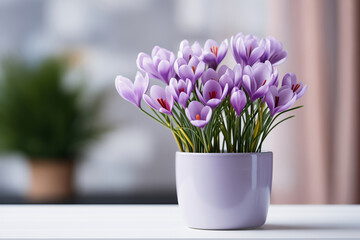Purple crocuses in a pot in light inerior. Floral and spring concept. Banner with copy space.
