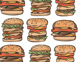 Vector seamless burger pattern. Burgers in cartoon cute style for restaurant menu, banner, flyer