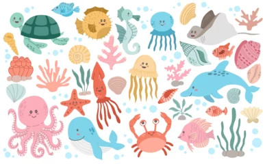 Fotobehang In de zee Set with hand drawn sea life elements. Vector doodle cartoon set of marine life