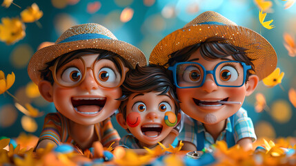 3D cartoon on whitebackground A family participating in a festival pie-eating contest