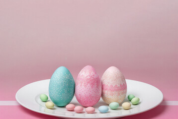 Colorfully decorated egg on a plate,Happy Easter, pink background