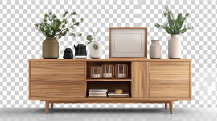 Wood cabinet and accessories decor in living room interior on empty white wall background.