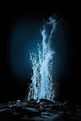 Waterfall Isolated on Black. Powerful Blue Water Cascading Against Dark Background
