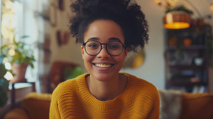 Young biracial woman greets warmly from her modern home on a video call. - Powered by Adobe