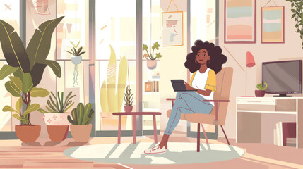 Young biracial woman greets warmly from her modern home on a video call.